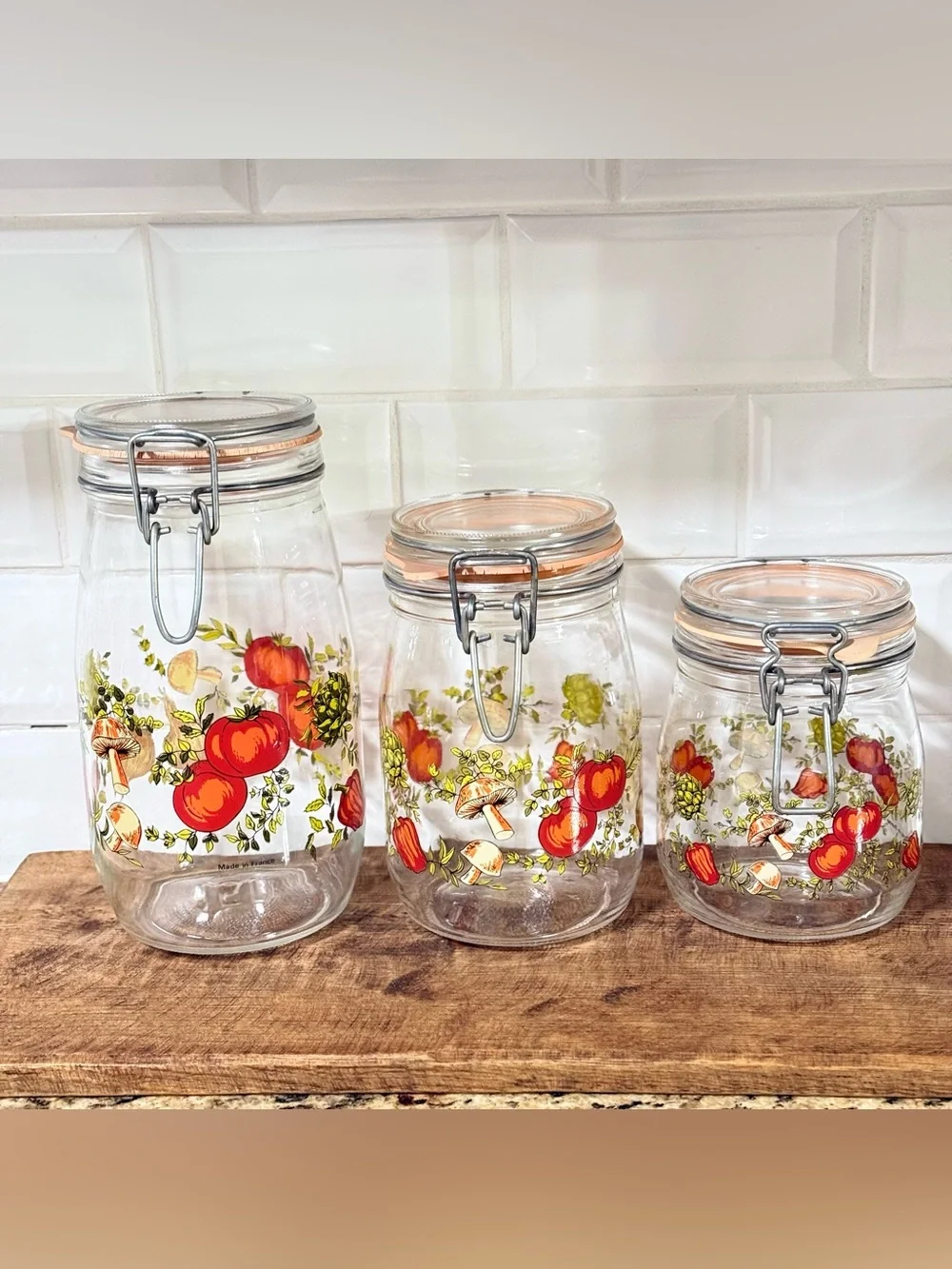 ARC France Vintage Spice Of Life Mushroom Glass Canister Jar Set Of 3 1970s MCM